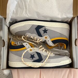 Converse Gray and Blue High-Tops with Yellow Accent